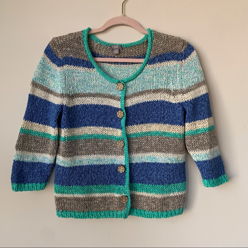 J.Jill Petite Knit Cardigan 3/4 Sleeves Striped Blue Green Brown Cream Size SP